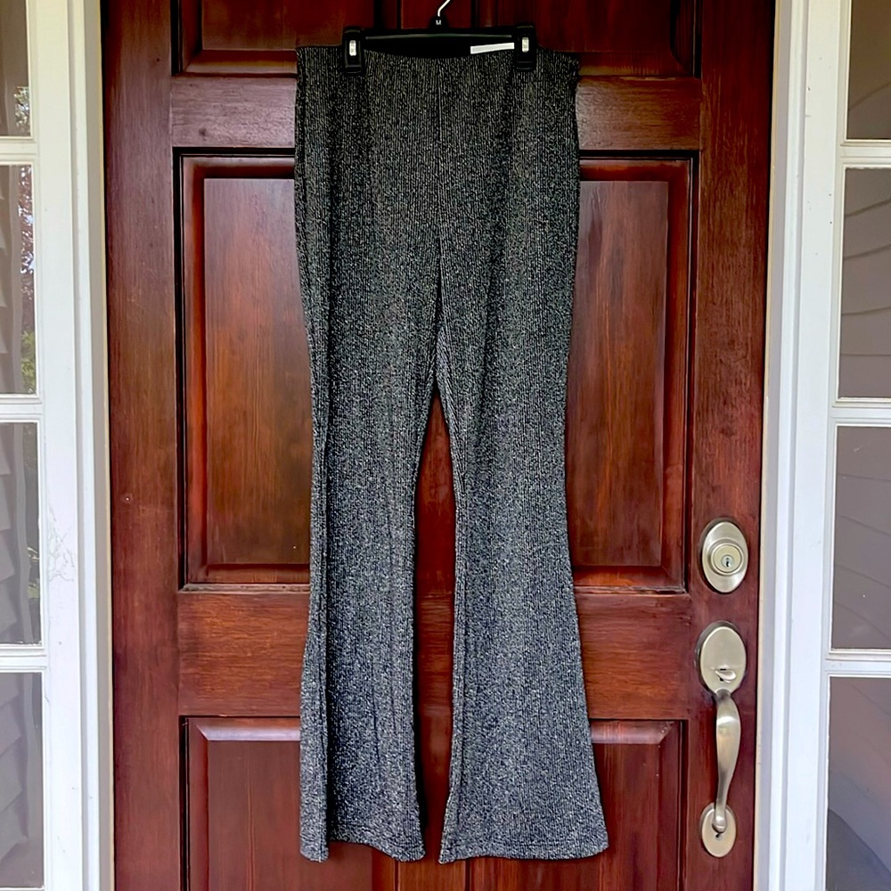 High-rise Full-length Flare, black/silver ribbed pants, NWT, size M